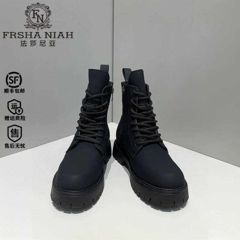 法莎尼亚新款高帮马丁靴男款英伦风黑色工装靴厚底英伦厚底高帮靴