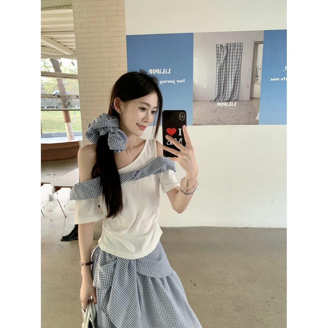 修身显瘦设计感斜肩格子拼接T恤上衣+高腰荷叶边半身裙短袖气质
