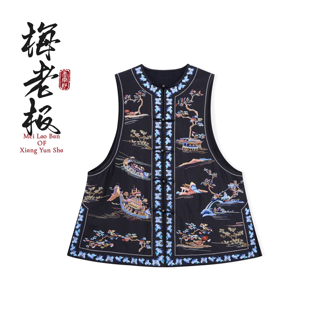 【赛龙舟】圆领刺绣宽松型夏短袖常规绣花时尚复古民族风马甲M86655