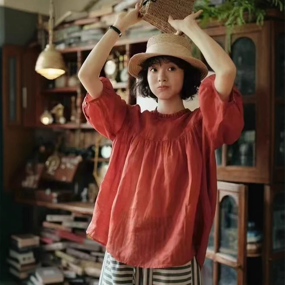 纯色100苎麻短袖衬衫2025文艺简约花边领显瘦百搭宽松气质上衣女