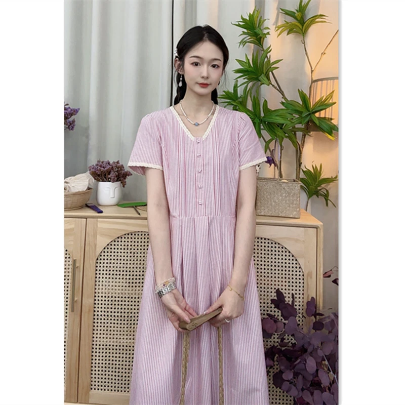 大乔【条纹】夏季纯棉短袖连衣裙竖条纹V领花边显气质长裙