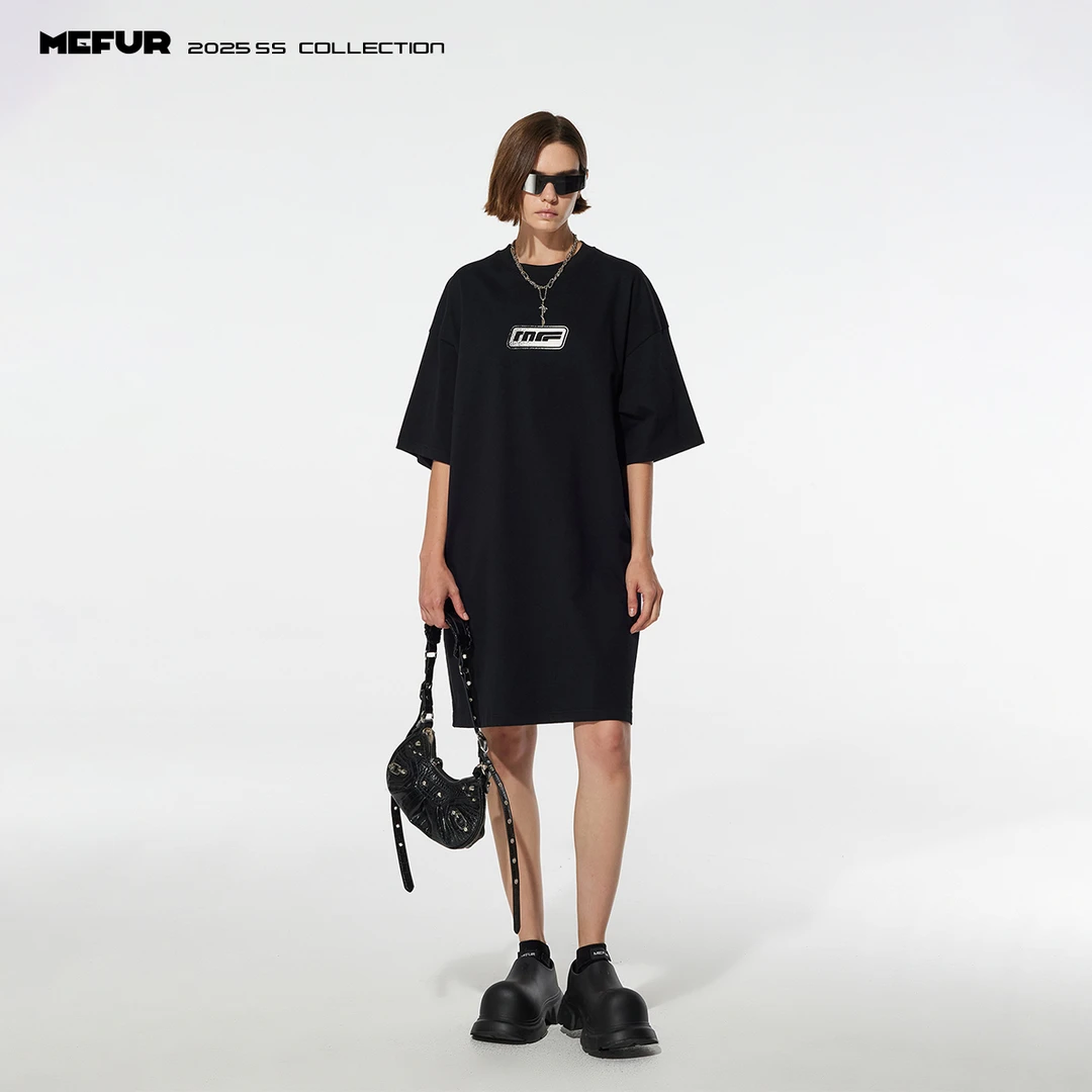 MEFUR落肩中长款印花短袖T恤裙女2025年夏季新款街头休闲宽松裙子