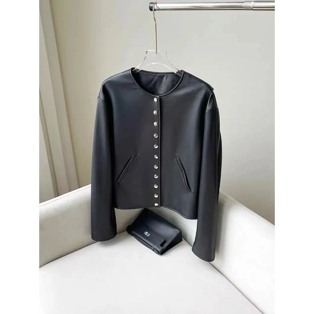 【6333】圆领绵羊皮单金属排扣海宁皮衣短款黑色经典百