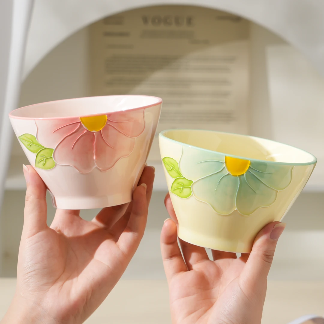 【清晨物语】混色2个装5英寸陶瓷斗笠碗小清新手绘浮雕釉下彩米饭碗