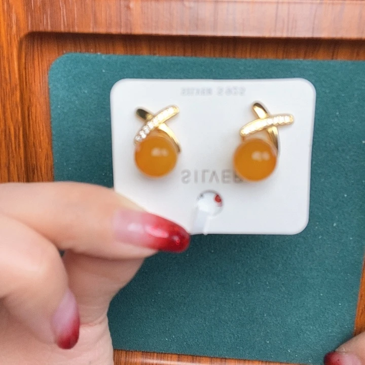 蜜蜡耳饰银S925镶嵌耳钉