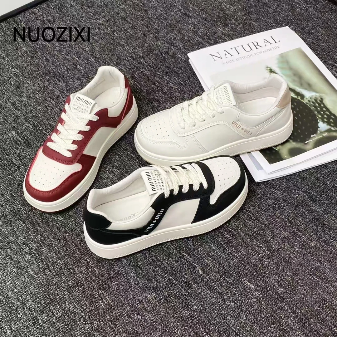 正品NUOZIXI全皮面熊猫款小白鞋平底时尚休闲百搭女鞋2025
