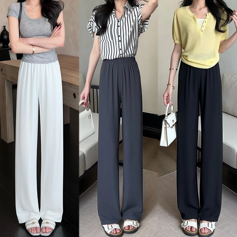 夏季垂感阔腿2025新款显瘦高腰窄版百搭薄款西装直筒拖地滑滑裤女