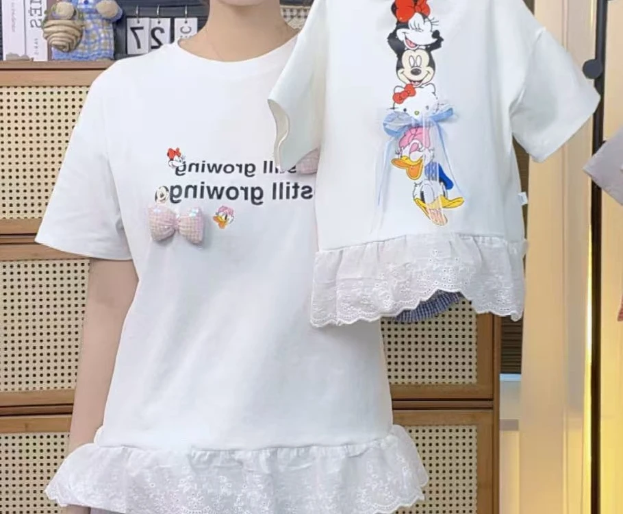 【亲子款】2025夏款爆款女童纯棉蝴蝶结蕾丝边短袖中小童上衣时尚