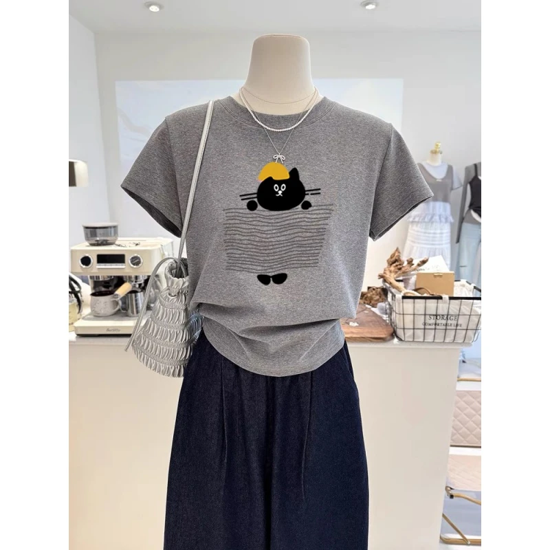 2025新款正肩灰色短袖t恤女休闲时尚百搭减龄洋气圆领上衣夏季潮