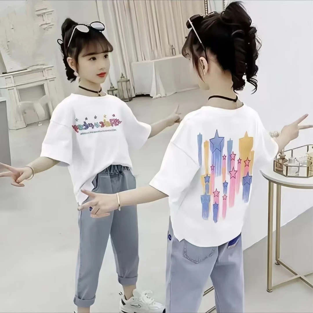 纯棉儿童短袖T恤夏季女童夏装半袖洋气时髦新款中大小童女孩上衣