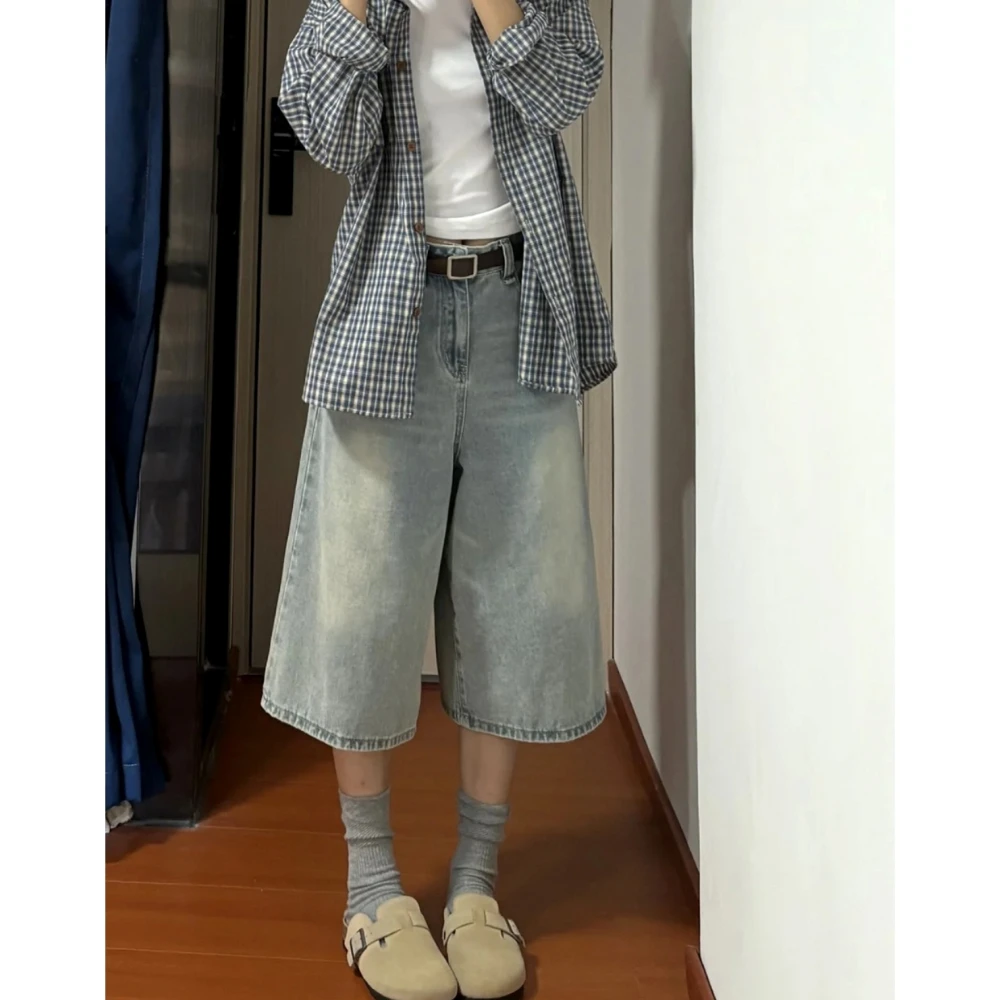 大码美式复古牛仔七分裤女2025夏季新款显瘦慵懒风宽松直筒阔腿裤