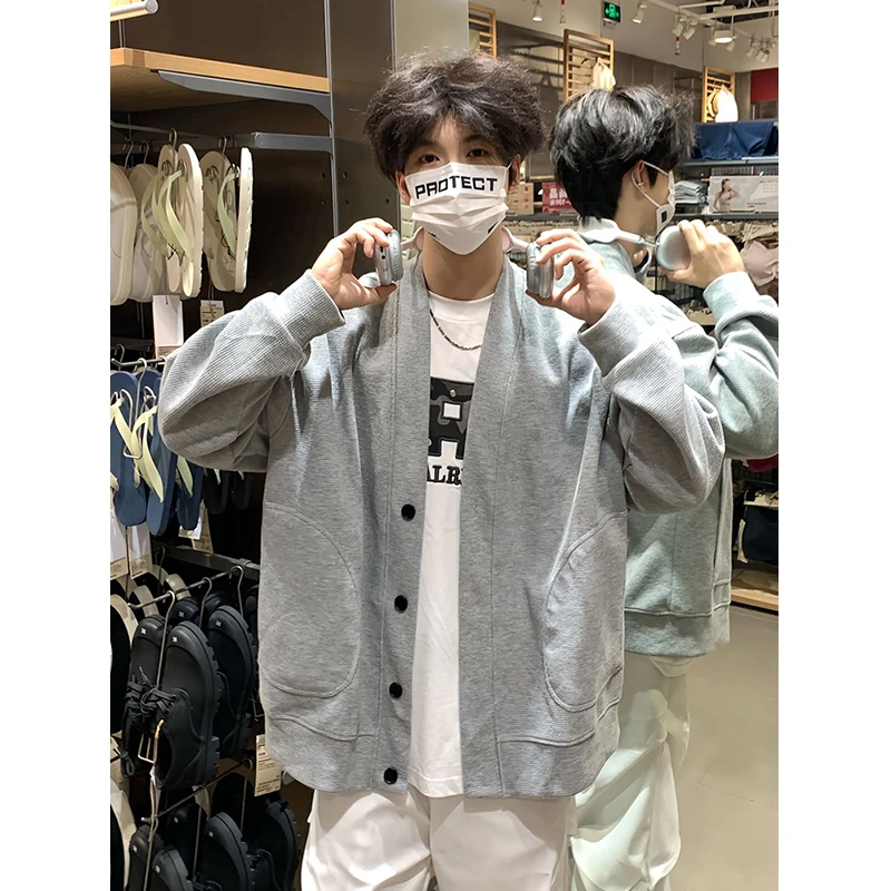 灰色cleanfit华夫格开衫卫衣男款秋季痞帅高级感v领长袖针织外套