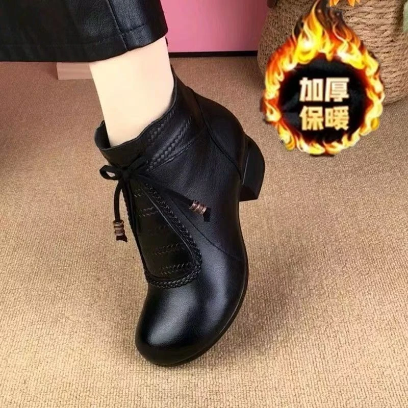 【专柜撤柜】真皮软底秋冬新款复古加绒保暖短靴圆头粗跟中年妈妈靴