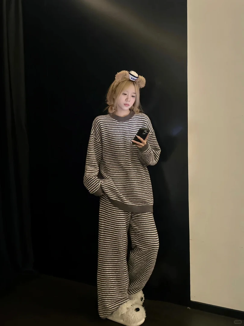 韩系简约条纹针织半边绒睡衣女冬季新款加厚保暖家居服套装可外穿