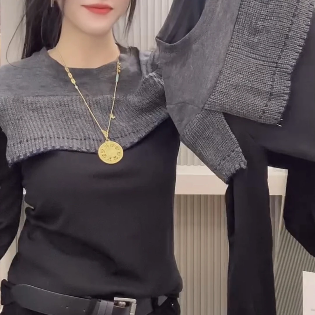 轻奢高级灰黑拼接披肩领长袖打底衫【实物微色差】