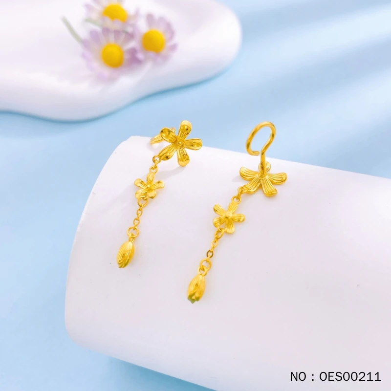 足金999 实心繁花桃花花形流苏弯钩弯针耳吊4.11克