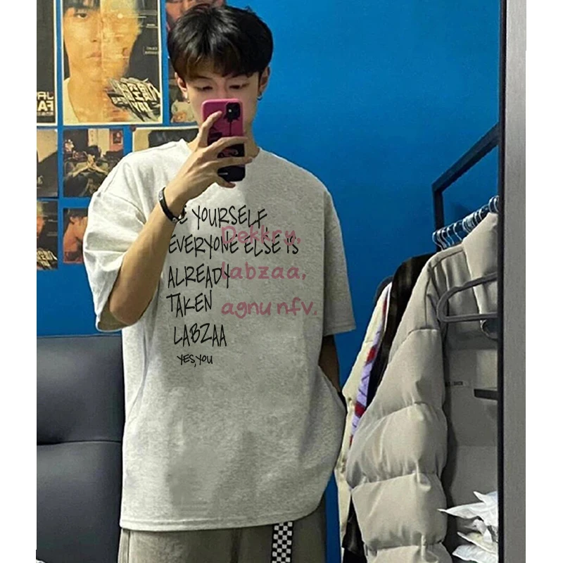 labzaa美式设计感创意字母印花纯棉短袖T恤男女夏季宽松休闲上衣