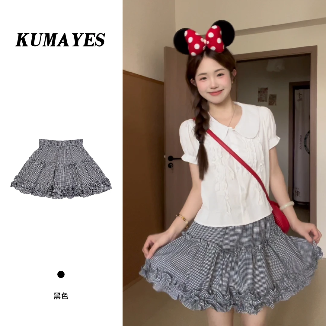 KUMAYES恋恋悸动 木耳花边格纹半身裙春夏季复古百搭防走光短裙