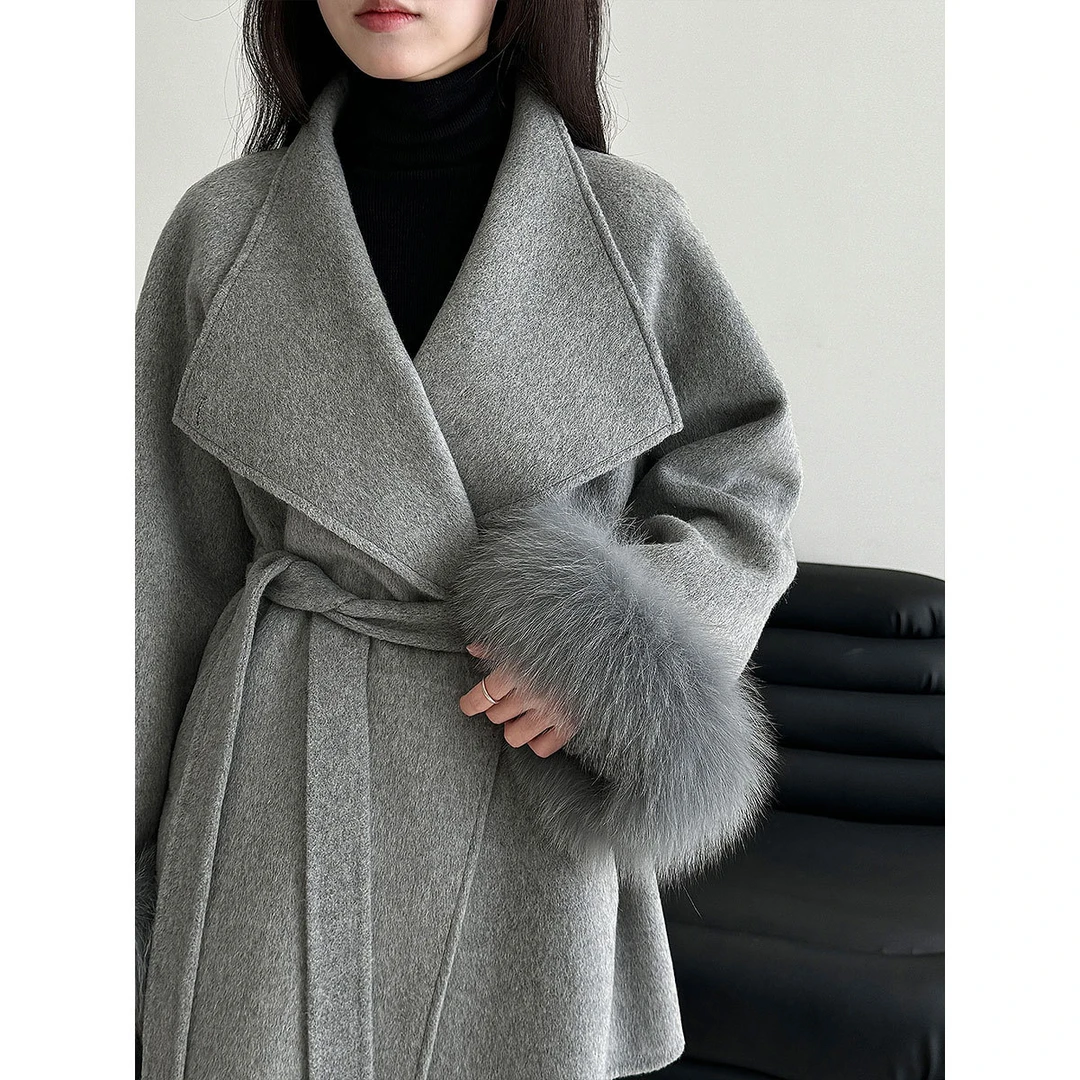 真狐狸毛双面呢大衣系带女25冬季新款中长款羊毛呢外套百搭羊绒