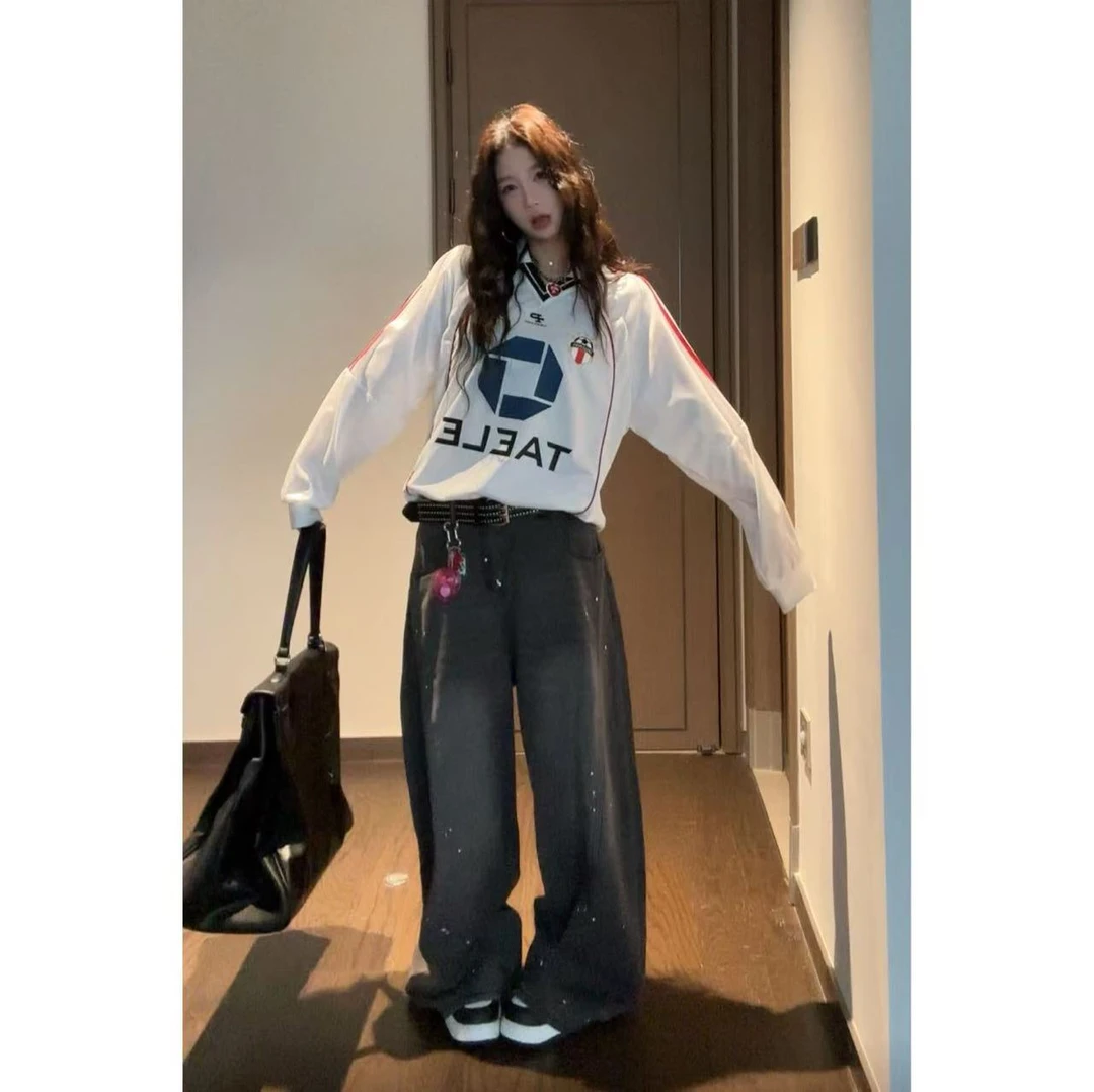 牛仔裤男女同款高街百搭时尚宽松印花复古春夏秋显瘦直筒阔腿