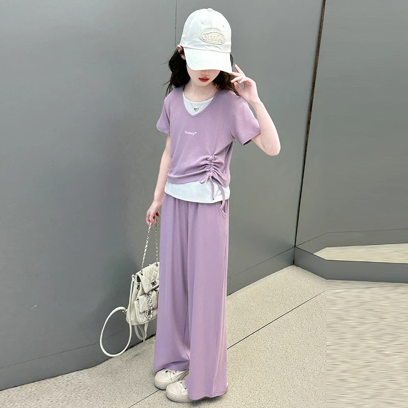 女童假两件夏季套装2025新款儿童抽绳短袖中大童糯米阔腿裤两件套