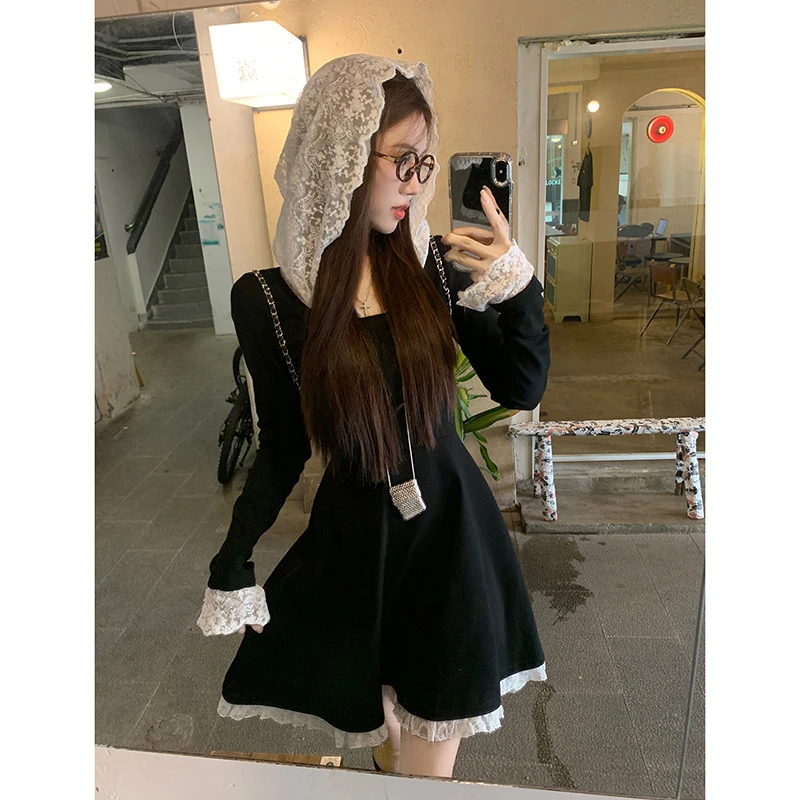 4046蕾丝拼接长袖连衣裙设计显瘦黑色收腰针织A字裙法式内搭叠穿