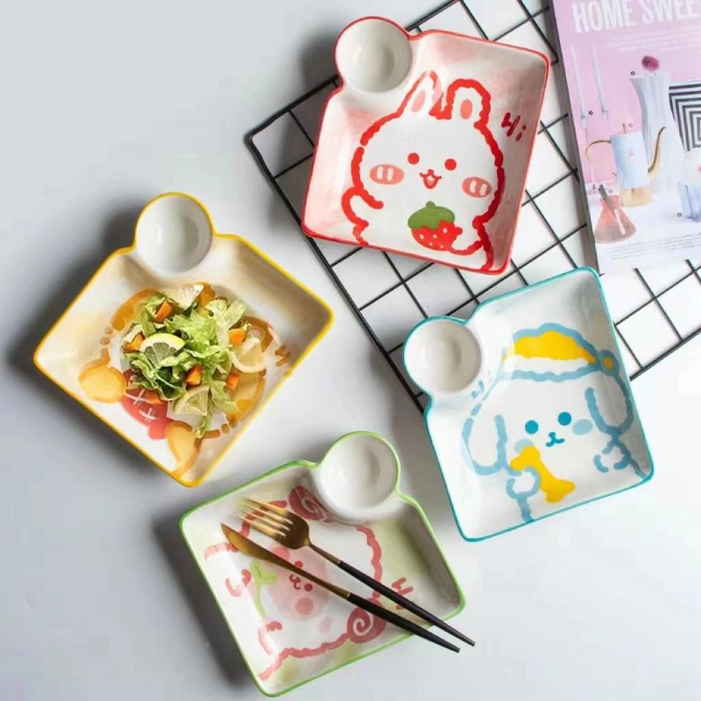 新疆西藏包邮陶瓷饺子盘子日式带醋碟小吃盘家用卡通早餐盘水饺带