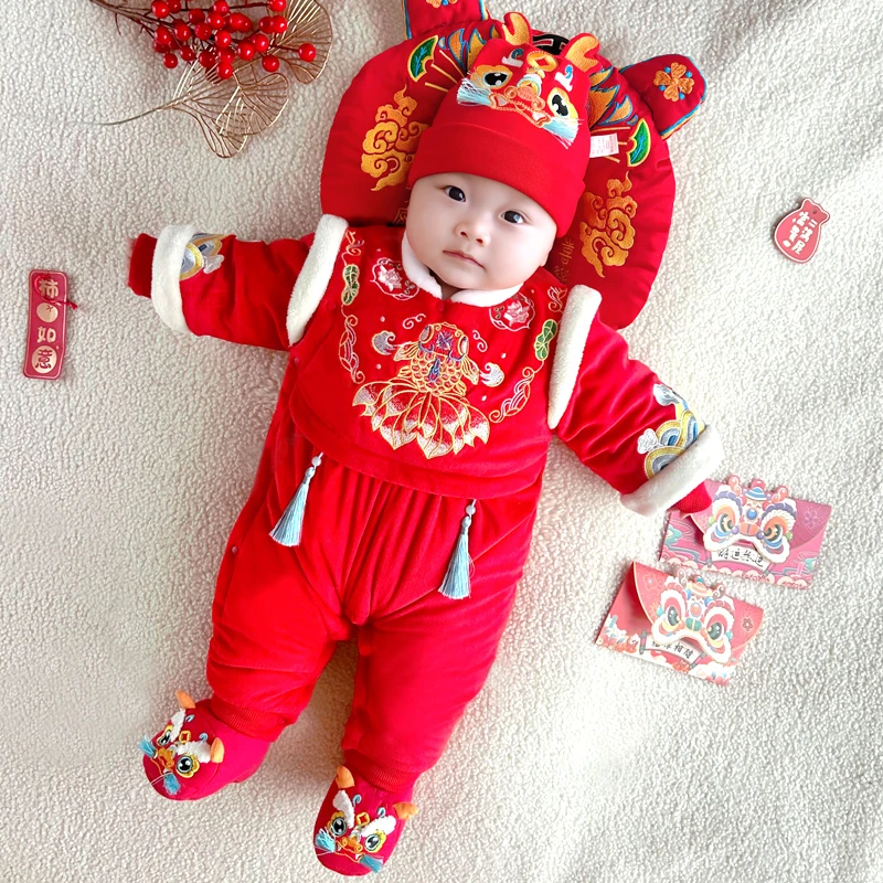 女宝宝满月百天周岁服婴儿连体衣冬季保暖夹棉哈衣红色拜年服6278