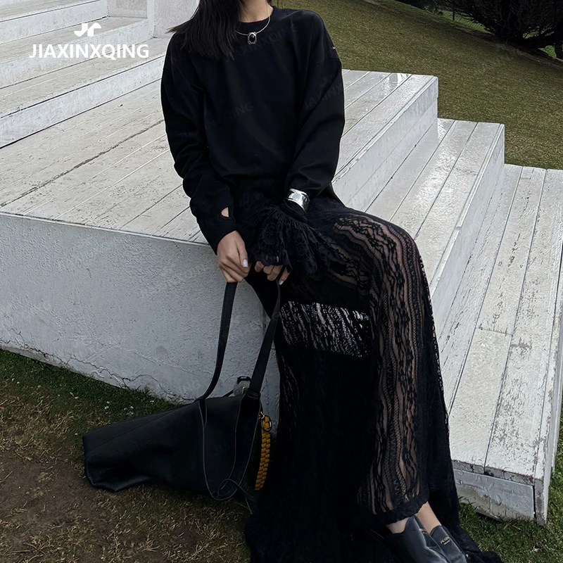JIAXINXQING暗黑风性感镂空蕾丝半身裙2025新款时尚长裙设计款