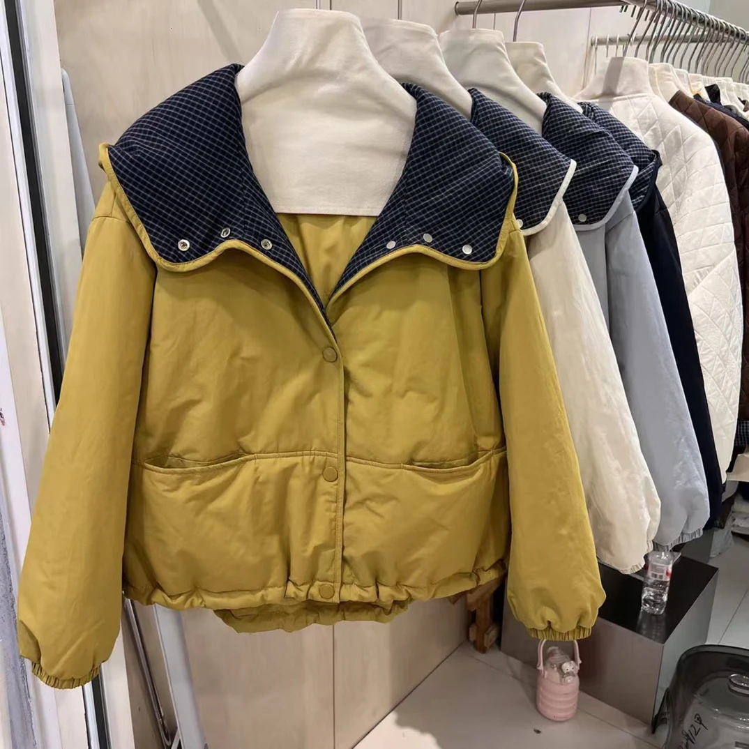 欧货格子拼接连帽棉衣短外套女秋季2025新款宽松保暖夹棉棉服上衣