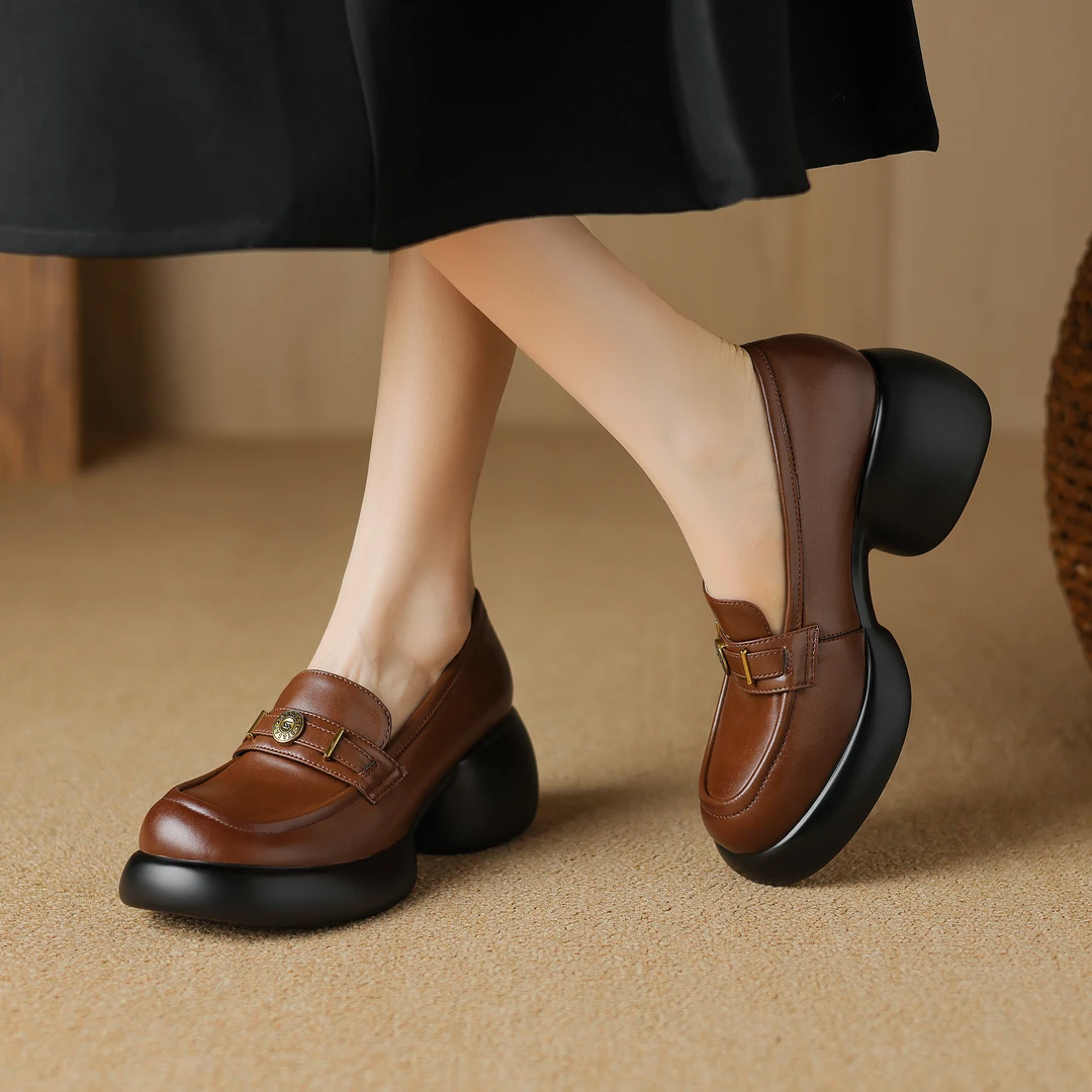 英伦风厚底小皮鞋女真皮圆头懒人松糕鞋2025新款复古单鞋B369-3