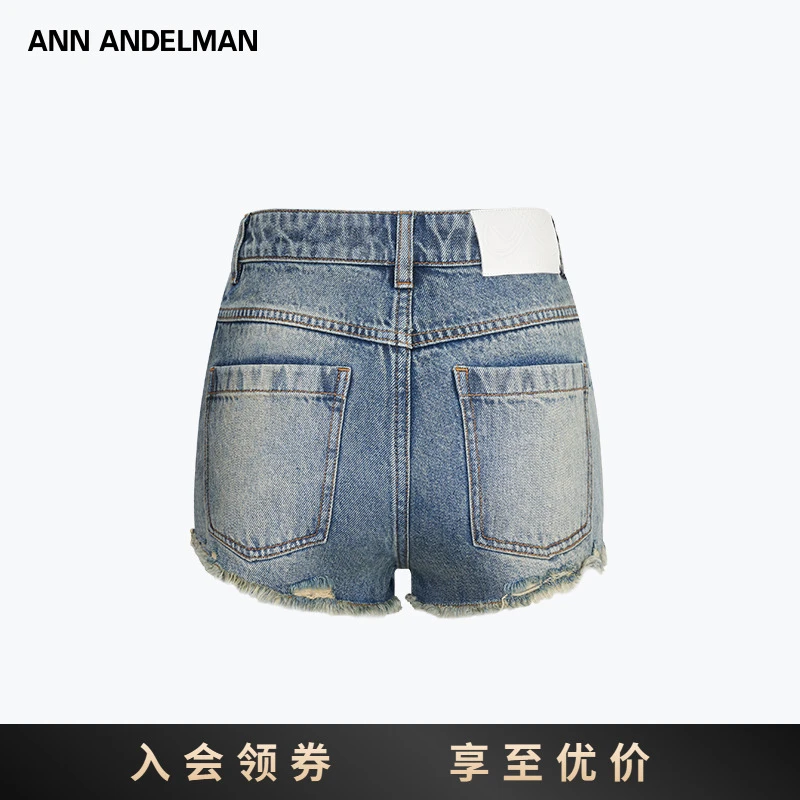 ANN ANDELMAN 2025新款蓝色复古做旧破坏毛边牛仔短裤女夏