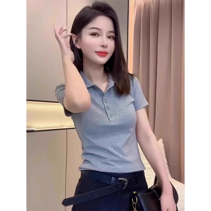 灰色正肩短袖T恤女夏季2025欧货小衫爆款洋气减龄POLO领体恤上衣