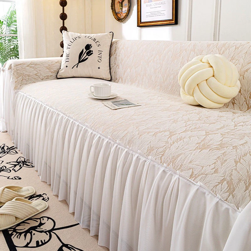 四季通用雪尼尔奶油风裙边沙发盖布全盖防滑沙发坐垫套罩夏季全包