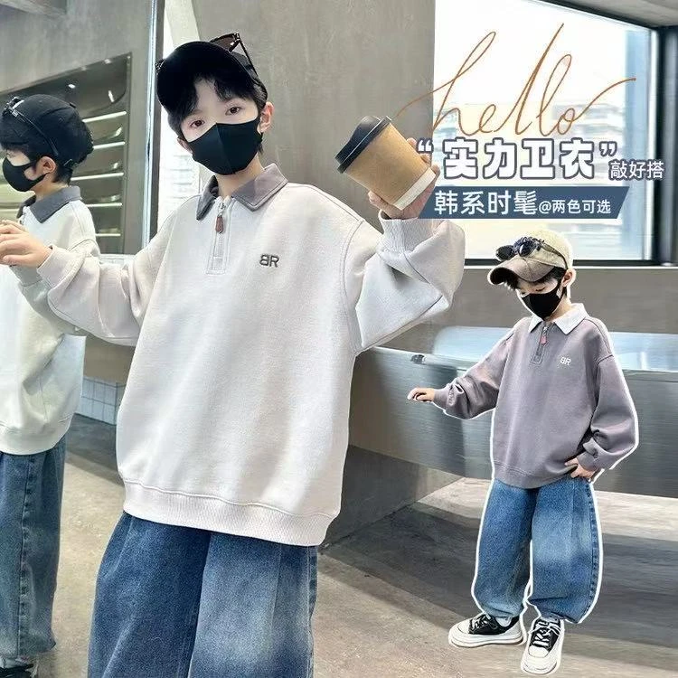韩系~男童秋季新款时髦polo领卫衣宽松休闲中大童翻领上衣S10890