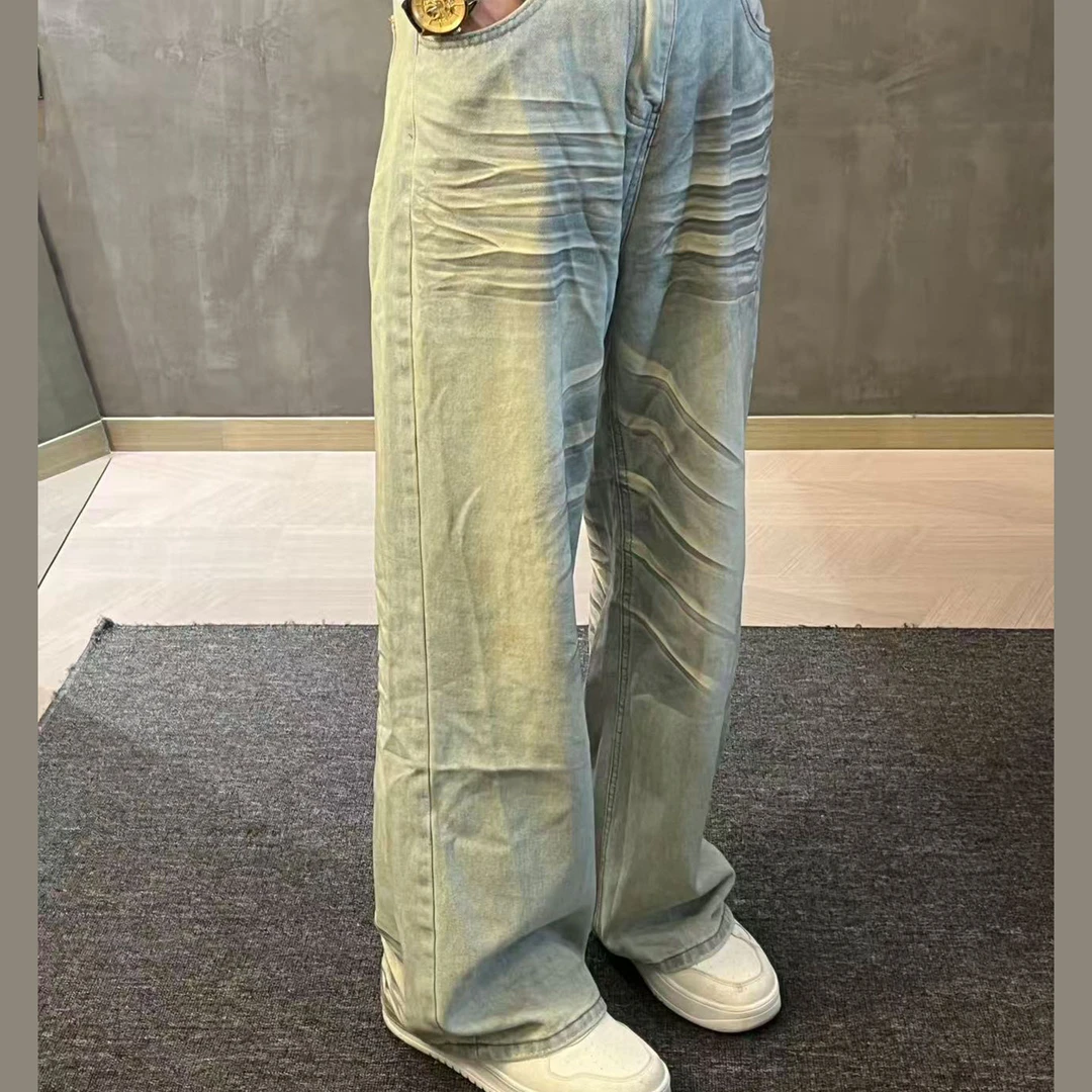 重头来过美式脏染猫须水洗女高街美式vibe微喇复古宽松牛仔裤男