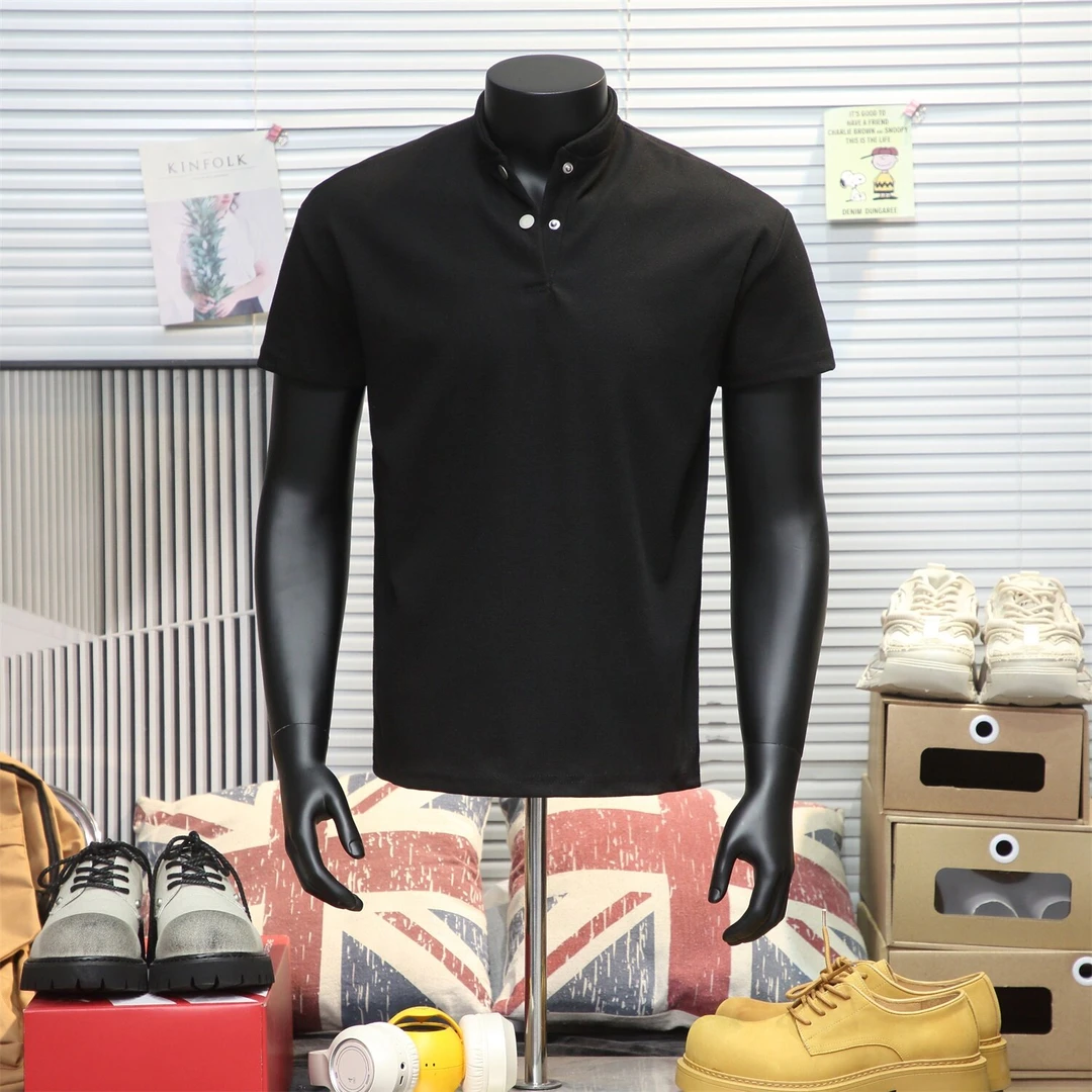 匡虎美式亨利领正肩短袖T恤男高级感无领POLO衫运动健身针织半袖