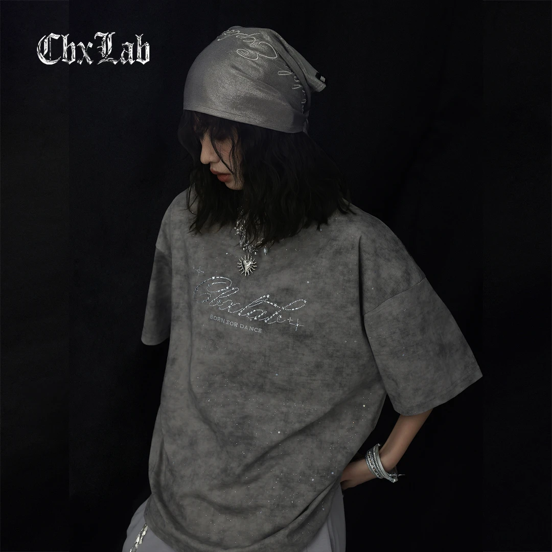 【达人专属】CBXLAB街舞潮牌夏季深灰扎染烫钻嘻哈T恤