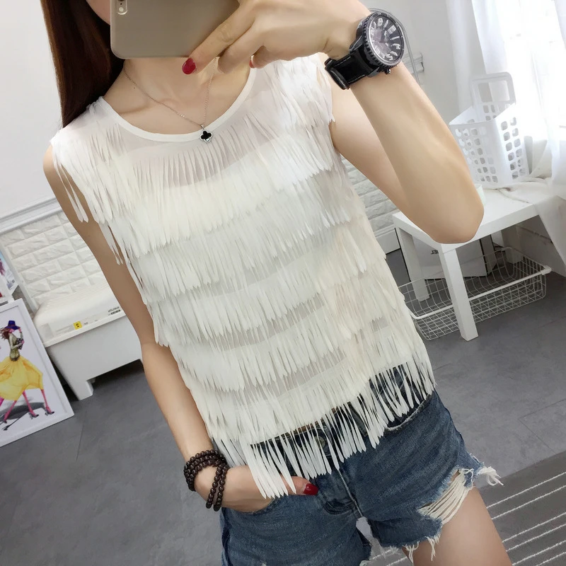 韩版女装圆领无袖流苏显瘦套头雪纺衫薄款上衣小衫