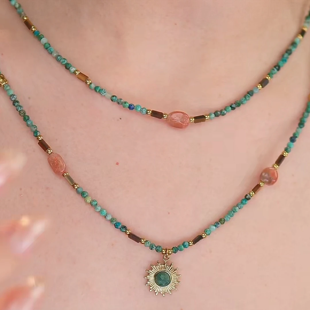 愿岛 黄铜项链 波西米亚风气质绿色石头彩色石头搭配项链XL2230