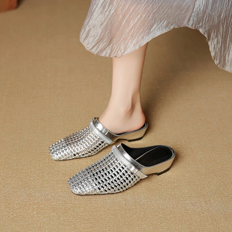 牛皮+编织4.5cm夏季新款包头拖鞋透气镂空坡跟穆勒凉拖鞋女洞洞鞋