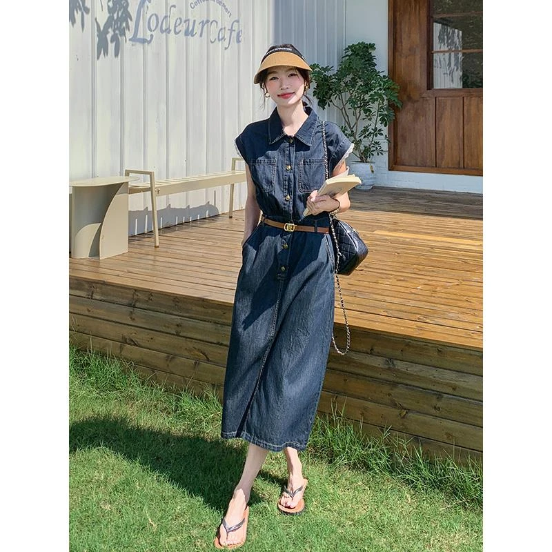 polo领牛仔连衣裙女中长款夏季2025今年流行韩系收腰显瘦法式裙子