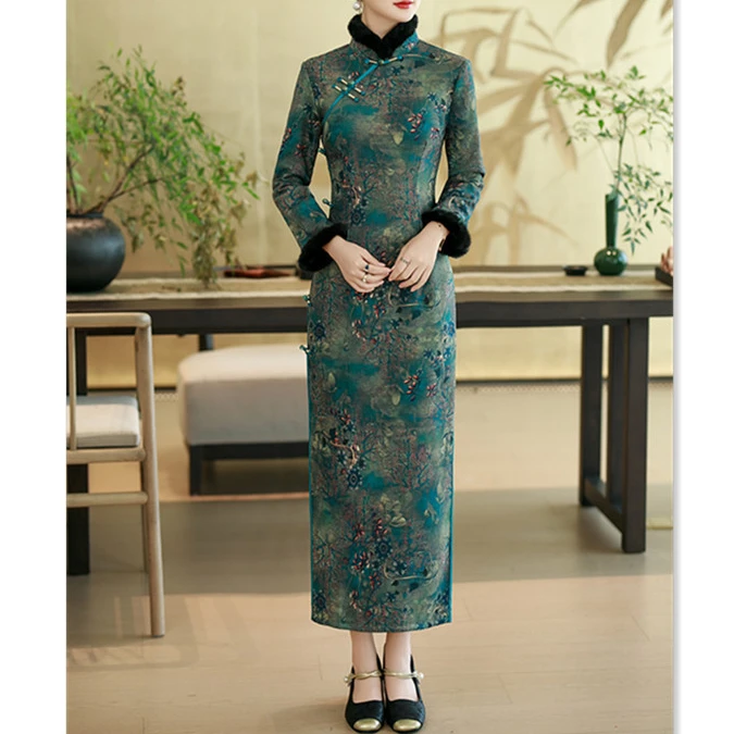 祥云提花长款加绒旗袍2025冬季新款复古国风中老年大码旗袍气质女