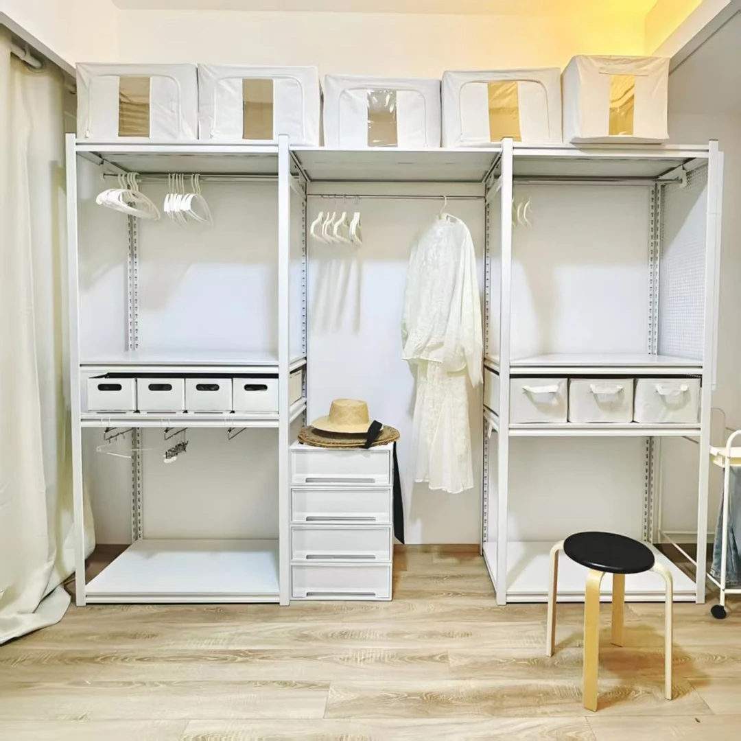 组合货架衣柜家用组装卧室出租房衣帽架开放式挂衣架钢制置物架子