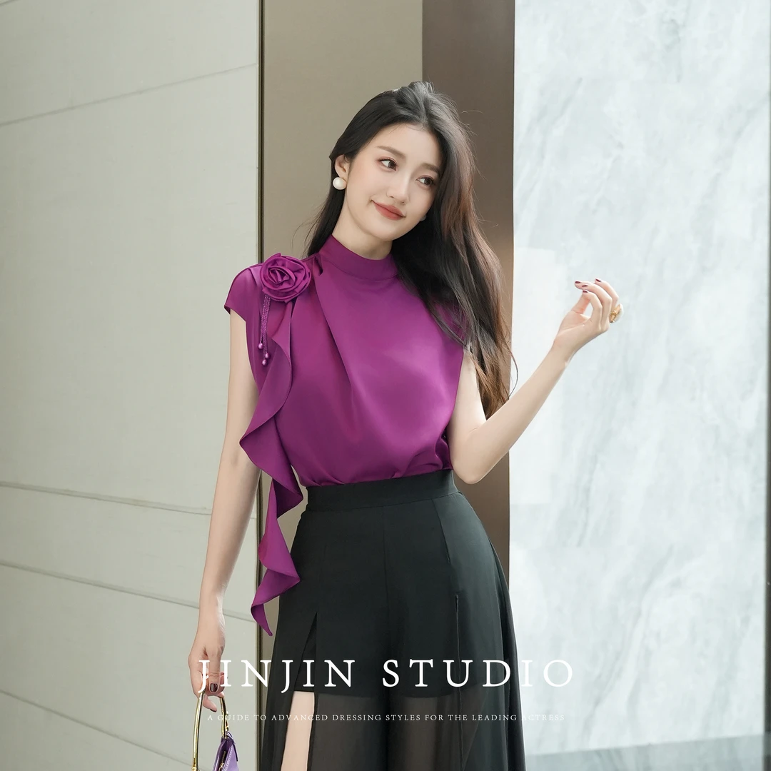 【MD原创×花园追影】2025夏季时尚显瘦百搭飞飞袖优雅圆领衬衫上衣