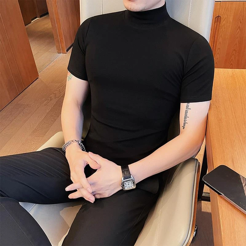 半高领短袖男纯色内搭弹力半袖T恤春秋季潮流修身净版中领打底衫