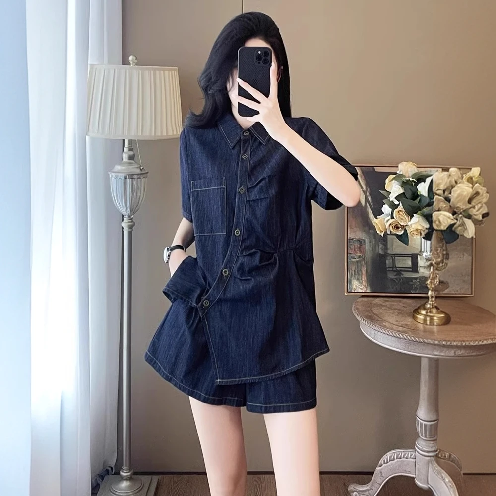 欧货休闲运动套装女夏2025新款显瘦设计感小众衬衫短裤牛仔两件套