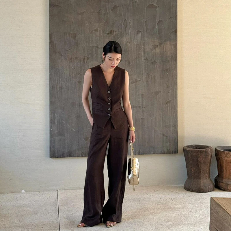 高级感深咖色老钱风亚麻显瘦马甲阔腿裤时尚套装休闲裤直筒裤女装