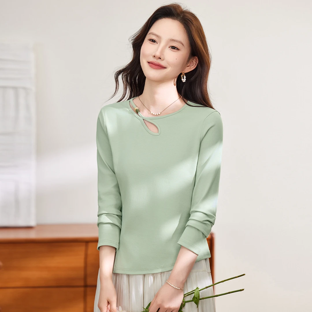 不规则镂空圆领长袖T恤2025年新款清冷系下摆洋气修身显瘦上衣女