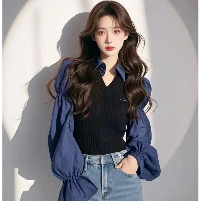 韩版收腰假两件衬衫女2025年春秋季新款拼接设计感长袖翻领上衣潮